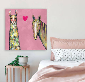 Llama Loves Horse in Pink - Canvas Giclée Print