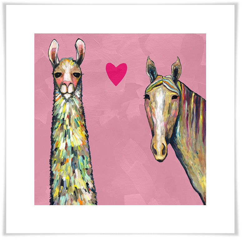 Llama Loves Horse in Pink - Paper Giclée Print
