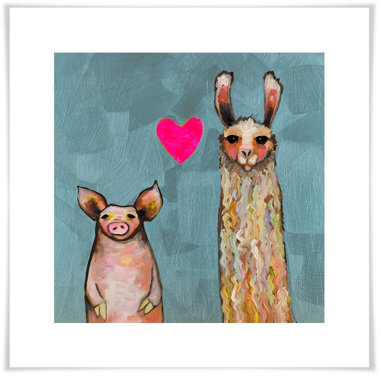 Llama Loves Pig in Blue - Paper Giclée Print