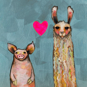 Llama Loves Pig in Blue - Canvas Giclée Print