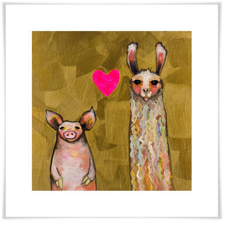 Llama Loves Pig in Gold - Paper Giclée Print