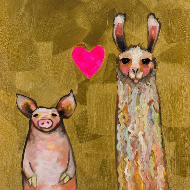 Llama Loves Pig in Gold - Canvas Giclée Print
