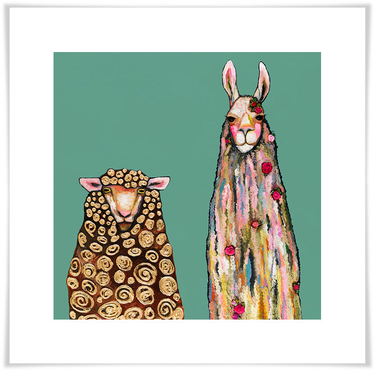 Llama Loves Sheep on Teal - Paper Giclée Print