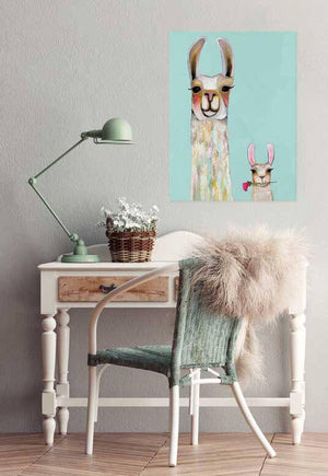 Llama Mama and Baby Soft Aqua - Canvas Giclée Print