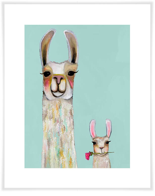 Llama Mama and Baby Soft Aqua - Paper Giclée Print