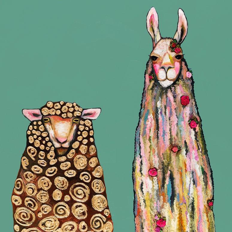Llama Loves Sheep on Teal - Canvas Giclée Print