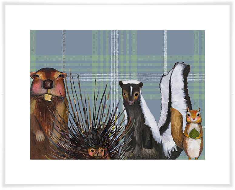 Miss Skunk and Crew on Plaid - Paper Giclée Print