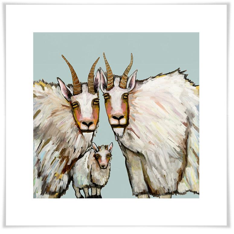 Mountain Goat Family Portrait in Blue - Paper Giclée Print
