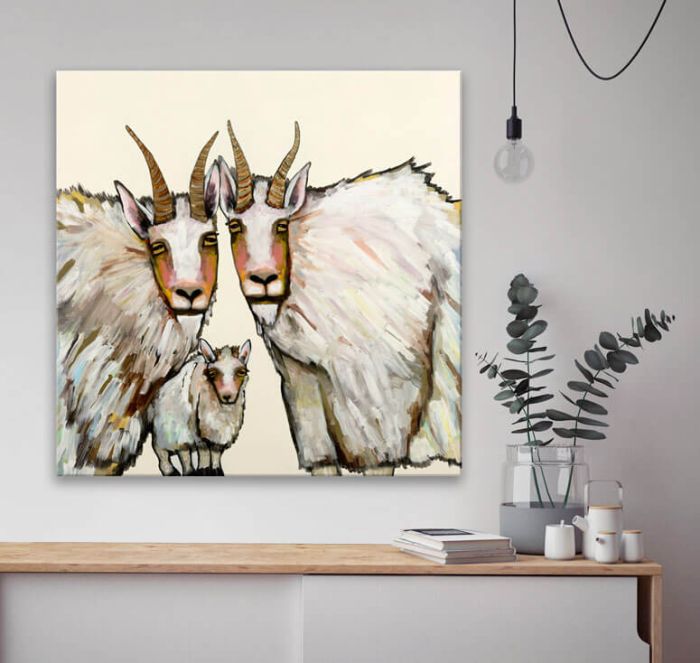 Mountain Goat Family Portrait in Cream - Canvas Giclée Print