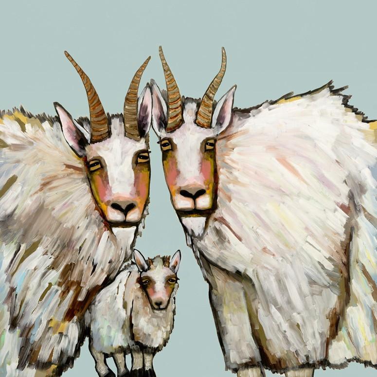 Mountain Goat Family Portrait in Blue - Canvas Giclée Print