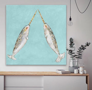 Narwhal Duo on Aqua - Canvas Giclée Print