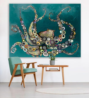 Octopus in the Deep Blue Sea in Teal - Canvas Giclée Print