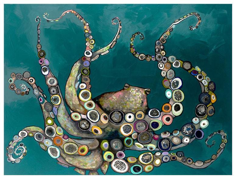 Octopus in the Deep Blue Sea in Teal - Canvas Giclée Print