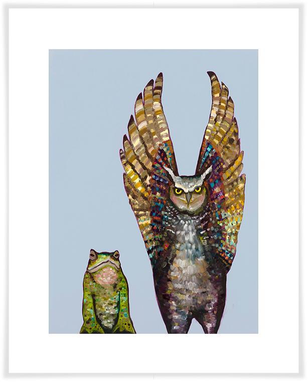 Owl and Toad in Light Blue - Paper Giclée Print