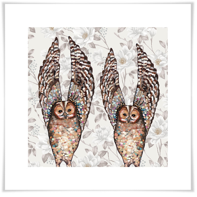 Owl Duo Floral - Paper Giclée Print