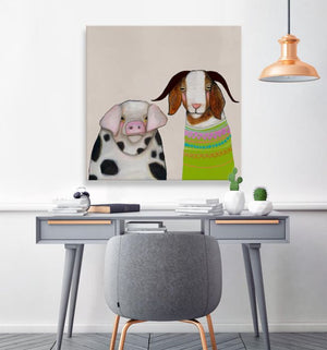 Pig and Goat Pals Neutral - Canvas Giclée Print