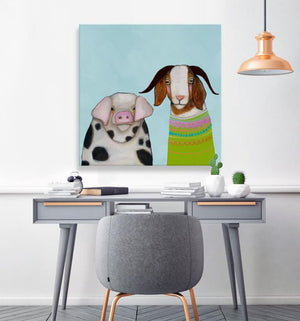 Pig and Goat Pals Sky Blue - Canvas Giclée Print