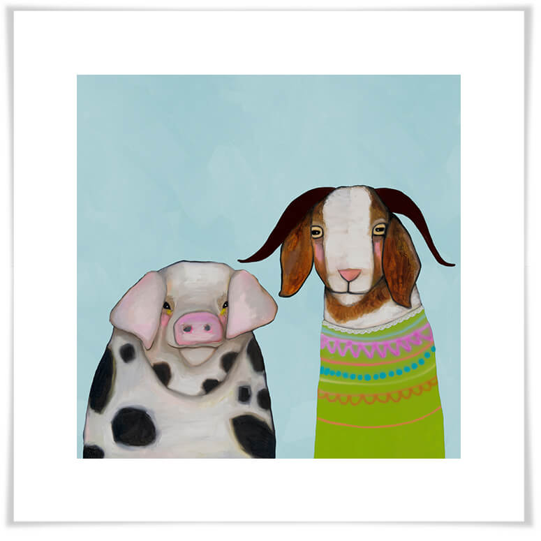 Pig and Goat Pals Sky Blue - Paper Giclée Print