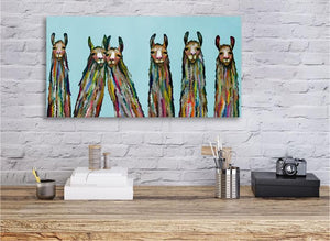 Six Lively Llamas on Sky Blue - Canvas Giclée Print