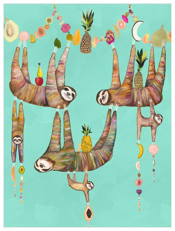 Sloth's Family Fruit Basket Aqua - Canvas Giclée Print
