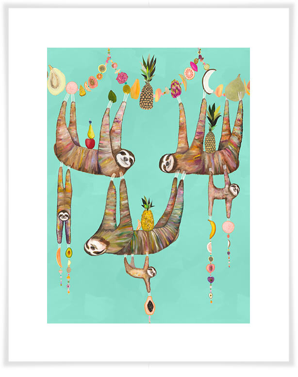 Sloth's Family Fruit Basket Aqua - Paper Giclée Print
