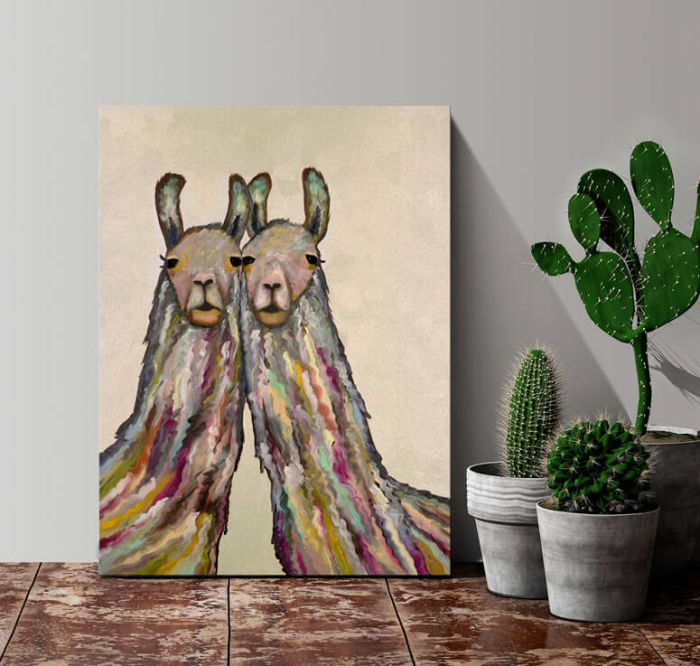 Snuggling Llamas on Cream - Canvas Giclée Print