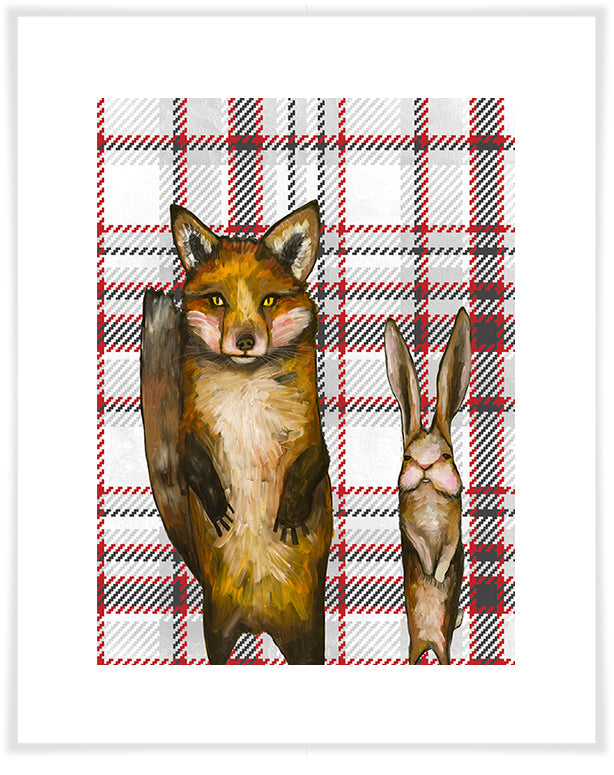 Fox and Rabbit Wedding Day on Tartan - Paper Giclée Print