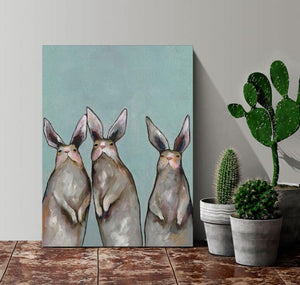Three Standing Rabbits on Blue - Canvas Giclée Print