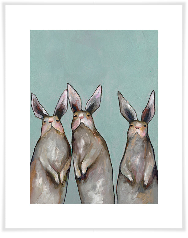 Three Standing Rabbits on Blue - Paper Giclée Print