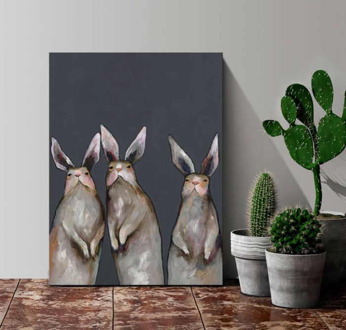 Three Standing Rabbits on Gray - Canvas Giclée Print