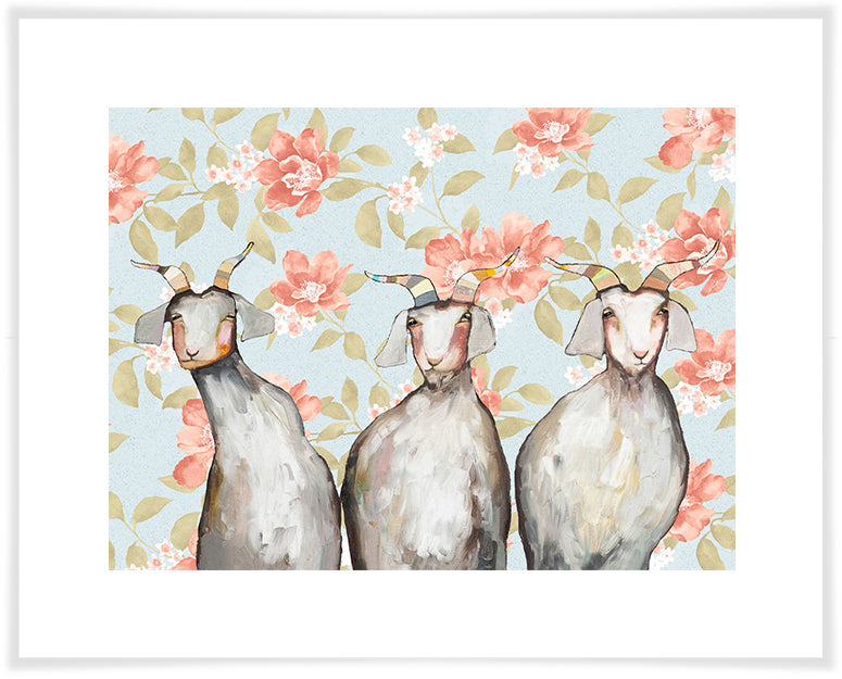 Trio of Goats Floral - Paper Giclée Print