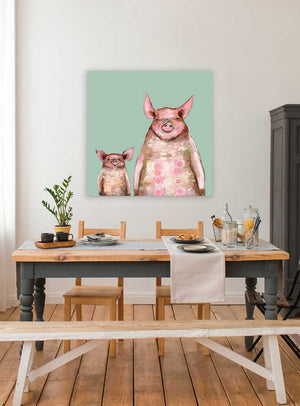 Two Piggies in a Row - Mint - Canvas Giclée Print