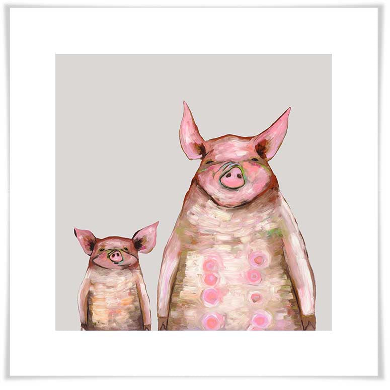 Two Piggies in a Row - Soft Gray - Paper Giclée Print